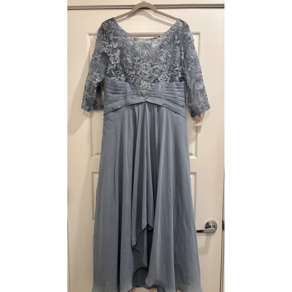 Dusty Blue Lace Sequin Formal Gown High Low Chiffon Evening Dress 3/4 Sleeve